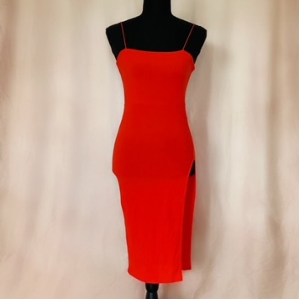 RED midi slit dress